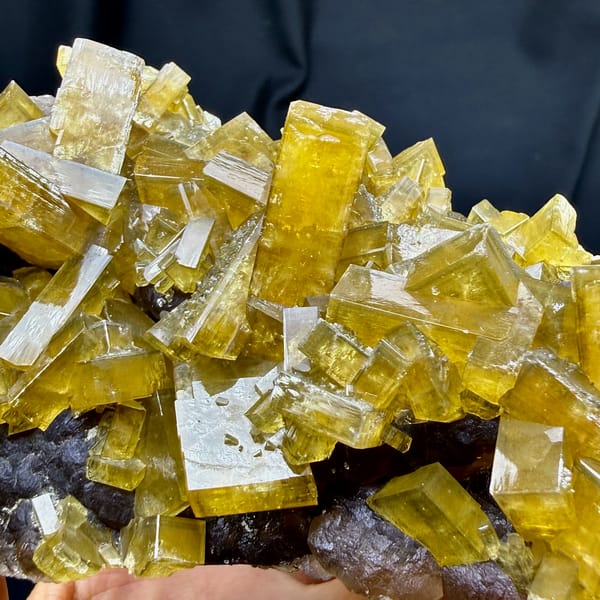 Block of golden baryte blades with purple fluorite from Jiangxi, China, second angle