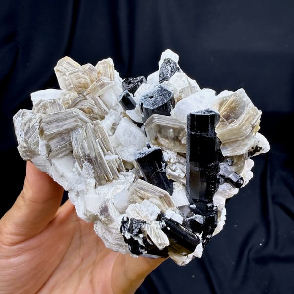 Black schorl prisms in white feldspar and tan mica from Pakistan, second angle
