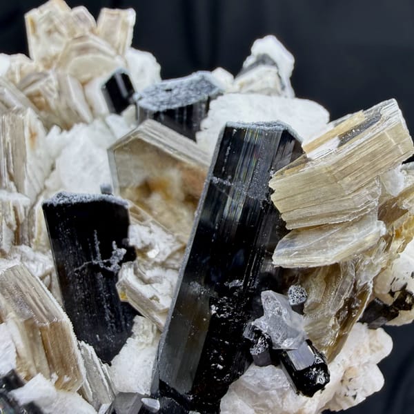 Black schorl prisms in white feldspar and tan mica from Pakistan, reverse side