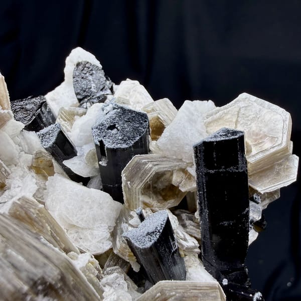 Black schorl prisms in white feldspar and tan mica from Pakistan, top view