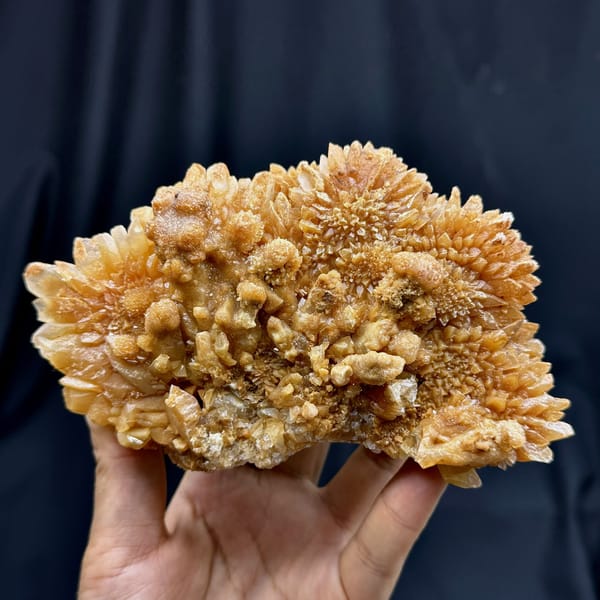 Plate of tan chrysanthemum calcite sprays from Yunnan, China, detail of the matrix contact