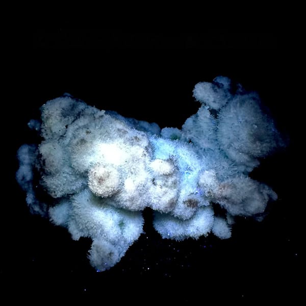 Fuzzy blue-green creedite balls in branching cluster from Guizhou, China, second angle