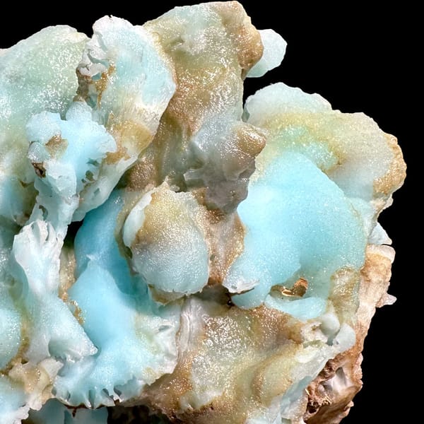 Robin's-egg blue botryoidal aragonite over brown rock from Yunnan, China, reverse side