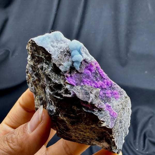 Magenta, blue and white aragonite on dark rock wedge from Yunnan, China, detail of the matrix contact