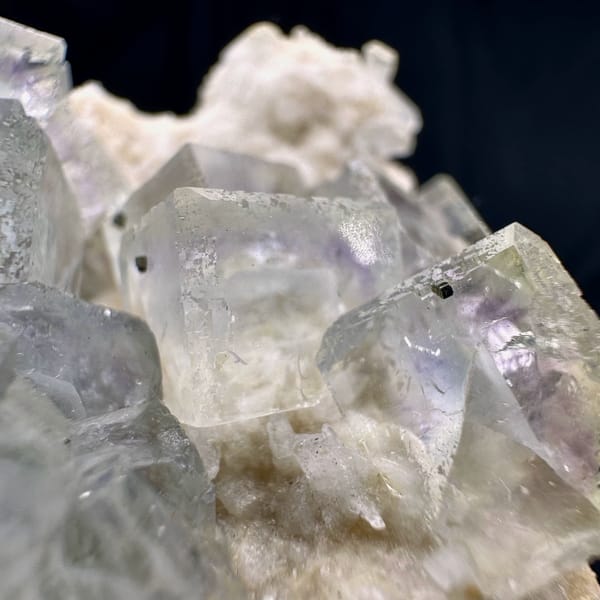 Purple-blue fluorite cubes with calcite, from Shangbao Mine, Hunan, China, reverse side