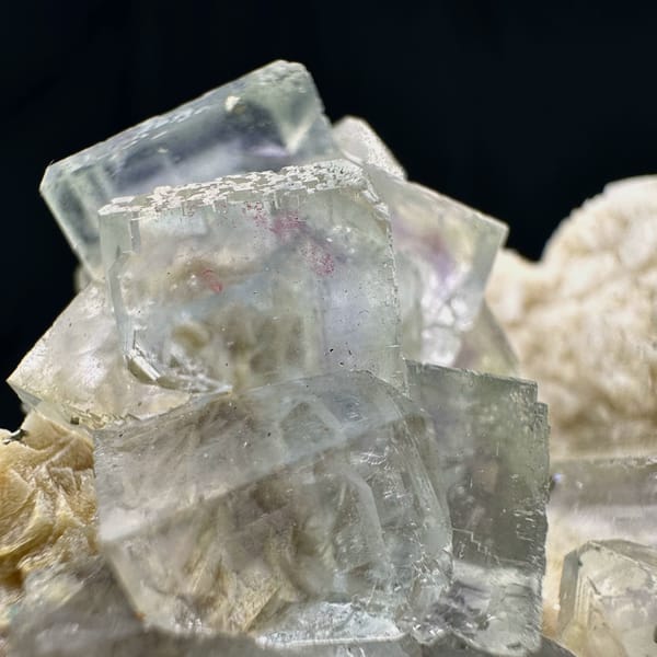 Purple-blue fluorite cubes with calcite, from Shangbao Mine, Hunan, China, top view