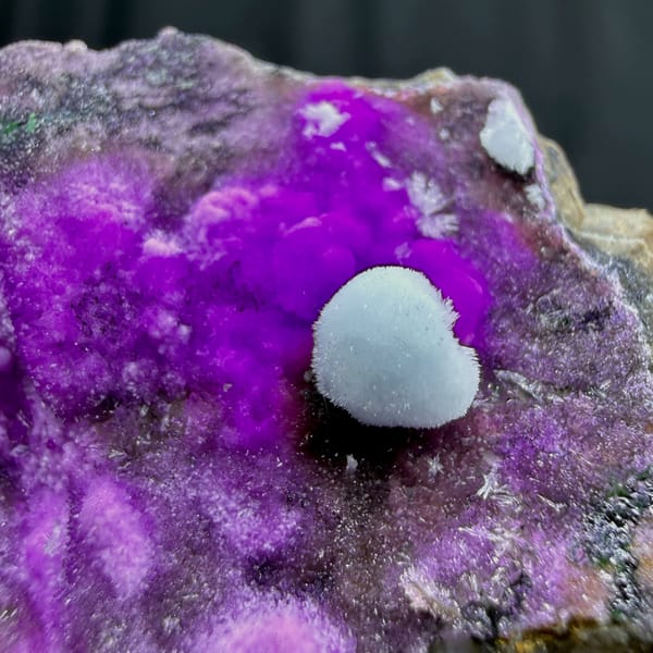 Vivid violet aragonite with blue aragonite ball from Yunnan, China, top view