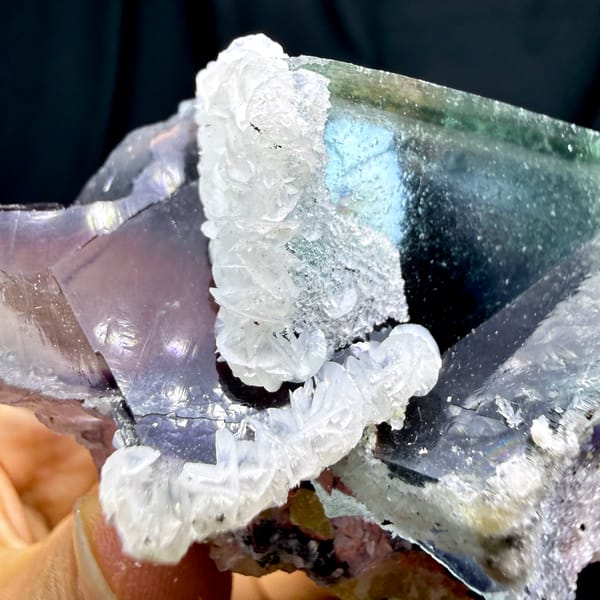 Phantom purple fluorite glowing when, from Inner Mongolia, China, close-up of the crystal faces