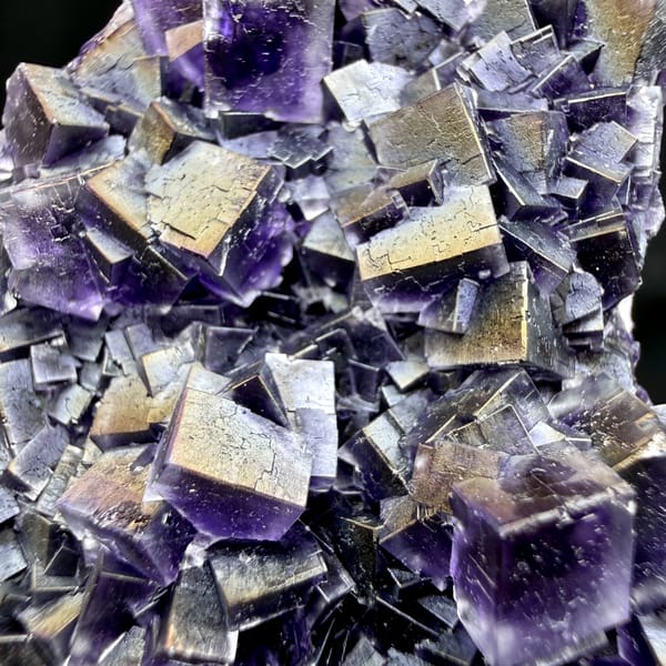 Plate of iridescent purple fluorite cubes with rainbow sheen from Inner Mongolia, China, reverse side