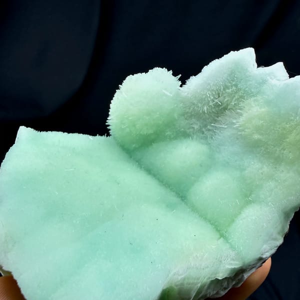 Soft aqua-green acicular aragonite mound from Yunnan, China, reverse side