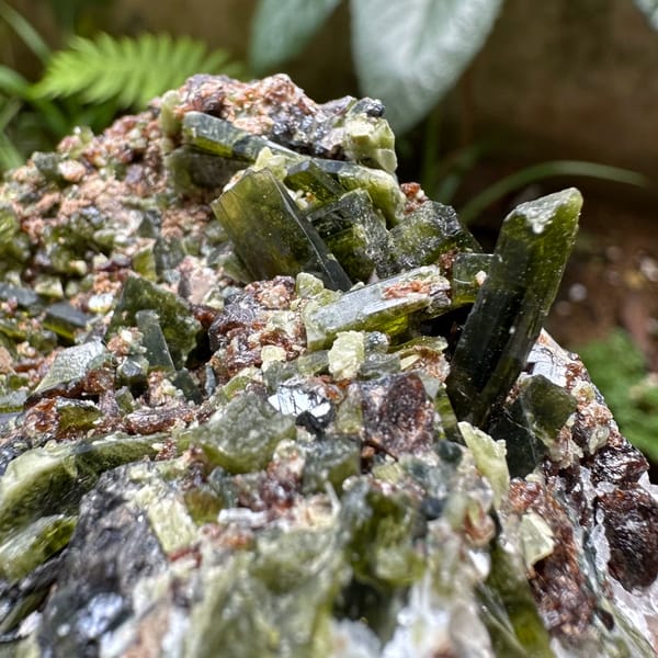 Green diopside crystals with garnet and galena from Inner Mongolia, China, top view