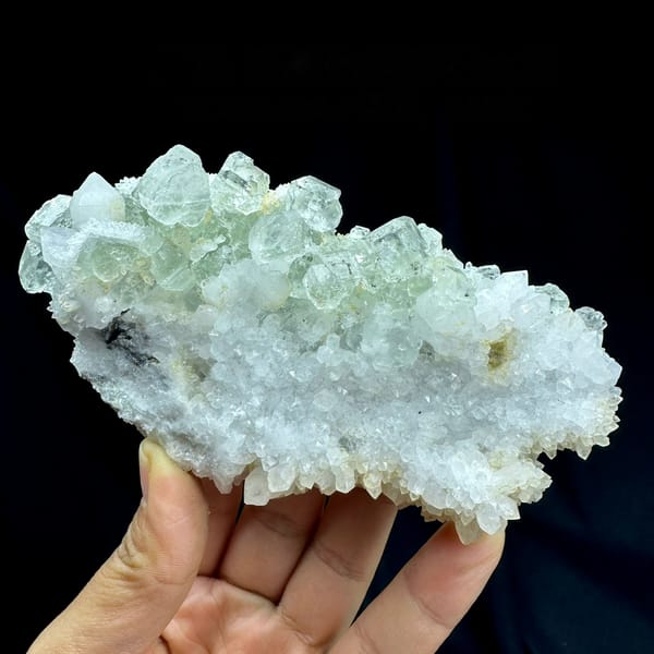 Plate of pale green fluorite cubes with inclusions on white quartz from Guangdong, China