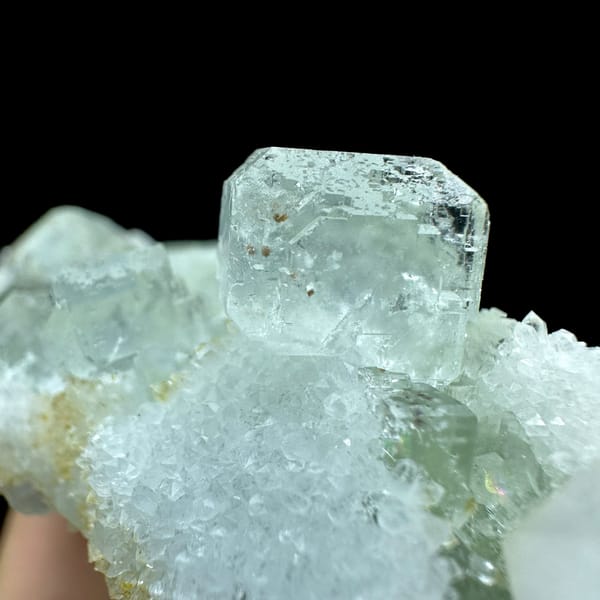 Plate of pale green fluorite cubes with inclusions on white quartz from Guangdong, China, close-up of the crystal faces