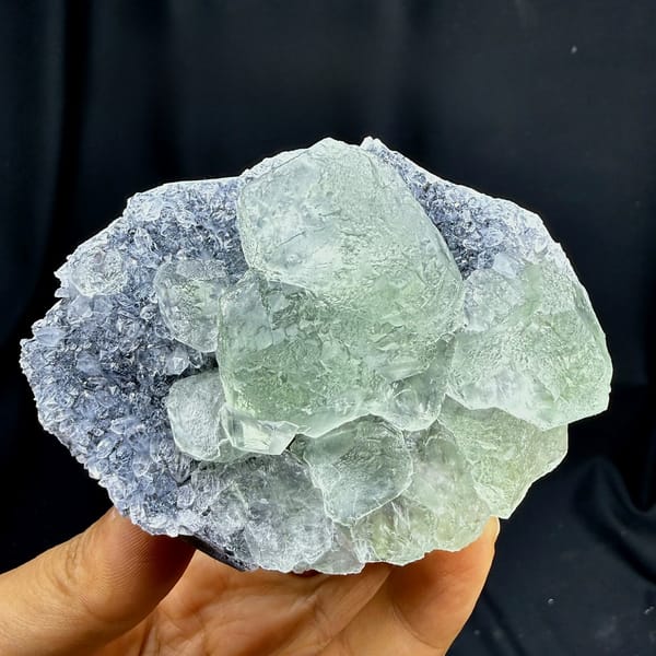 Pale green fluorite cubes in lavender quartz-druse pocket from Fujian, China, held in hand