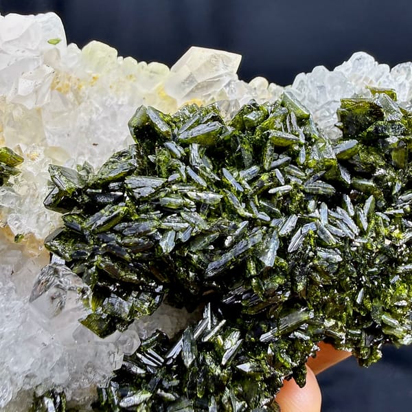 Dark green epidote thicket beside clear quartz points from Sichuan, China, second angle