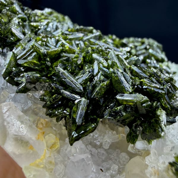 Dark green epidote thicket beside clear quartz points from Sichuan, China, reverse side