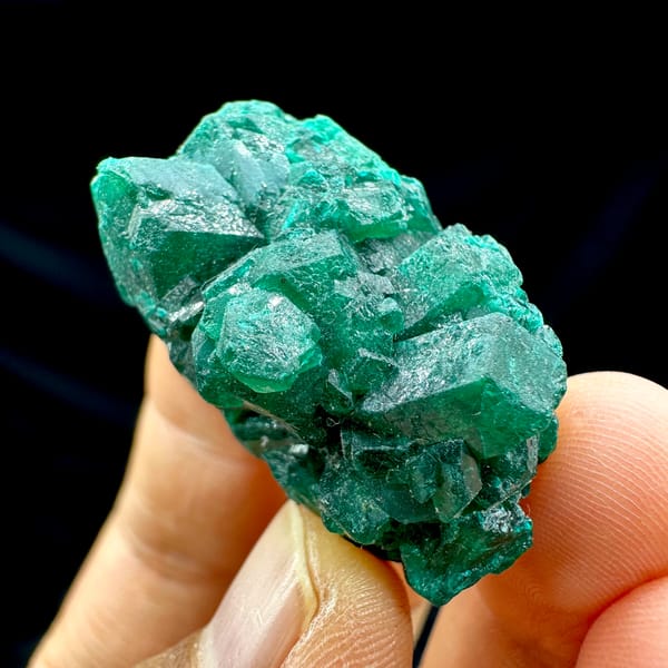 Cluster of emerald-green dioptase crystals from DR Congo, close-up of the crystal faces