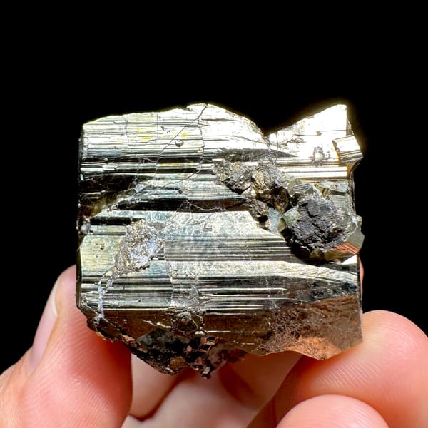 Striated pyrite cube floater with mirror faces from Hunan, China, second angle