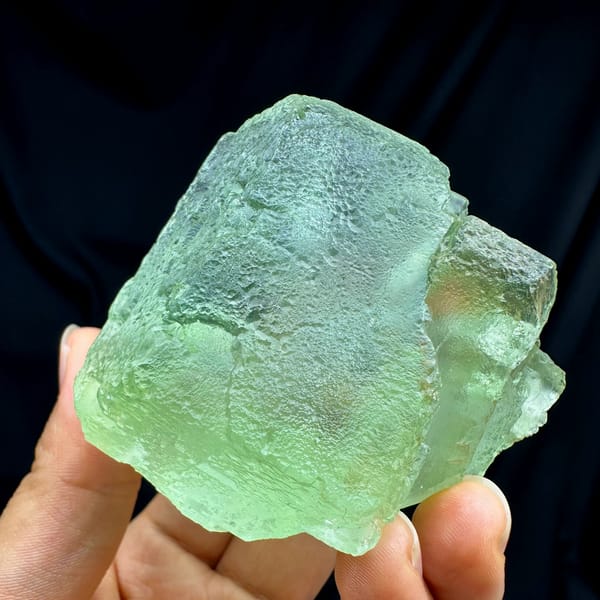 Single large translucent green fluorite cube from Fujian, China, reverse side