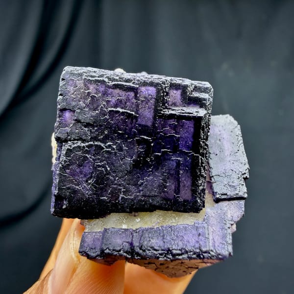 QR-code purple-framed fluorite cube glowing when, from Inner Mongolia, China, reverse side