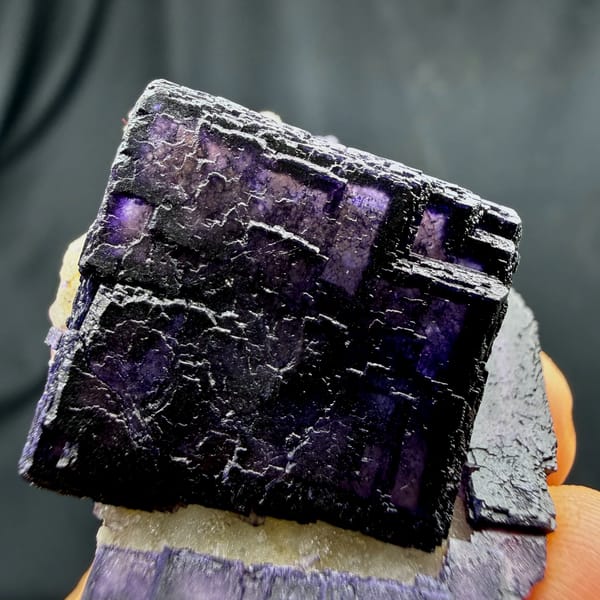QR-code purple-framed fluorite cube glowing when, from Inner Mongolia, China, top view