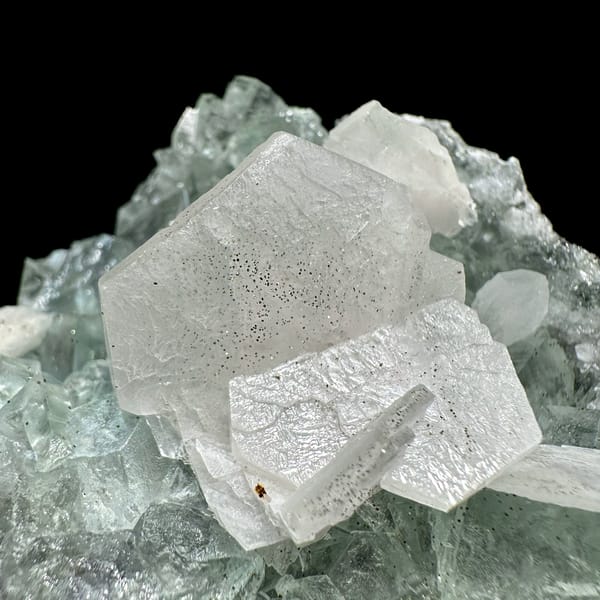 White platy calcite on mint-green fluorite block from Fujian, China, second angle