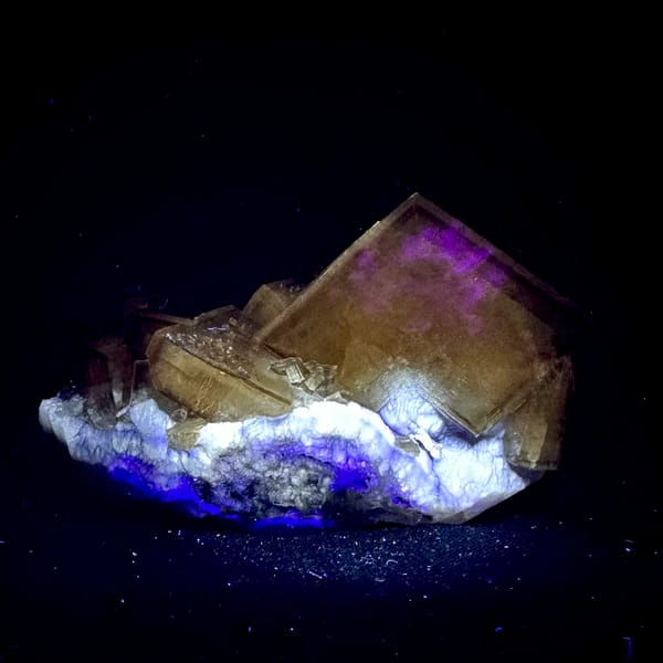 Golden baryte blades on grey base with purple fluorite from Jiangxi, China, top view