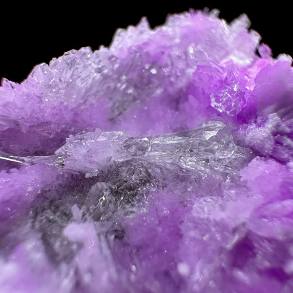 Violet aragonite with clear selenite blades from Yunnan, China, reverse side
