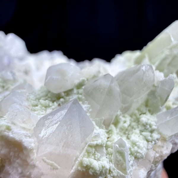 Quartz and calcite with mica, from Hunan, China, close-up of the crystal faces