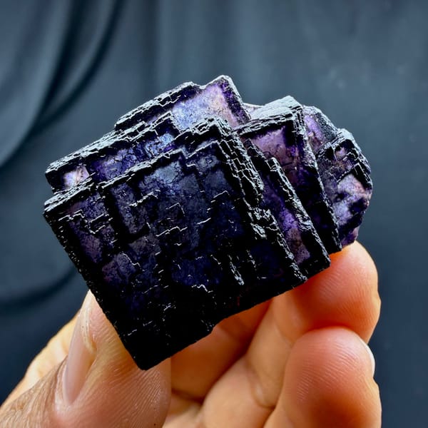 QR-code purple-framed fluorite cube glowing when, from Inner Mongolia, China, reverse side