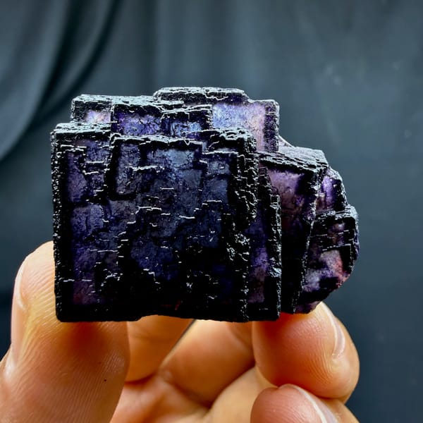 QR-code purple-framed fluorite cube glowing when, from Inner Mongolia, China, top view
