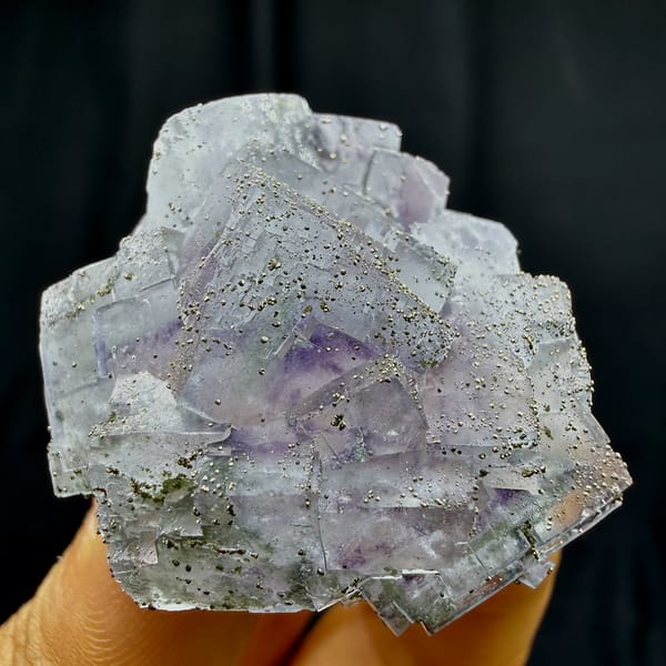 Purple-cored fluorite cubes dusted with pyrite from Yaogangxian Mine, Hunan, China, second angle