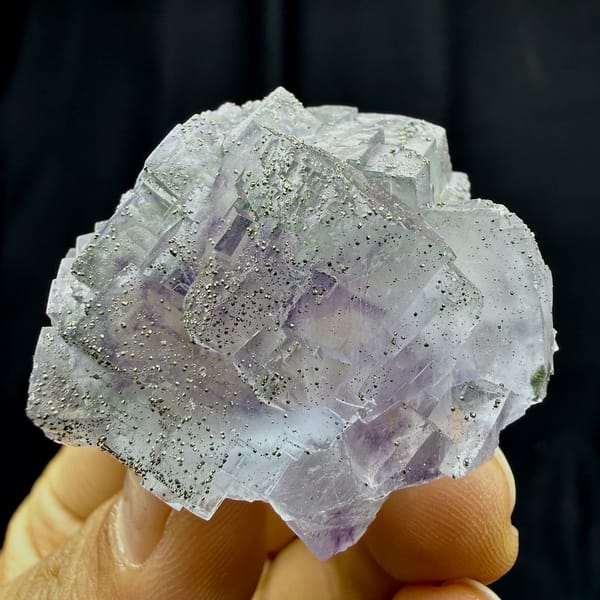 Purple-cored fluorite cubes dusted with pyrite from Yaogangxian Mine, Hunan, China, reverse side