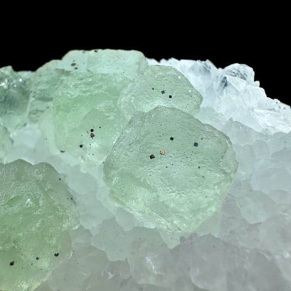 Pale green fluorite cubes in white quartz with pyrite from Jiangxi, China, reverse side