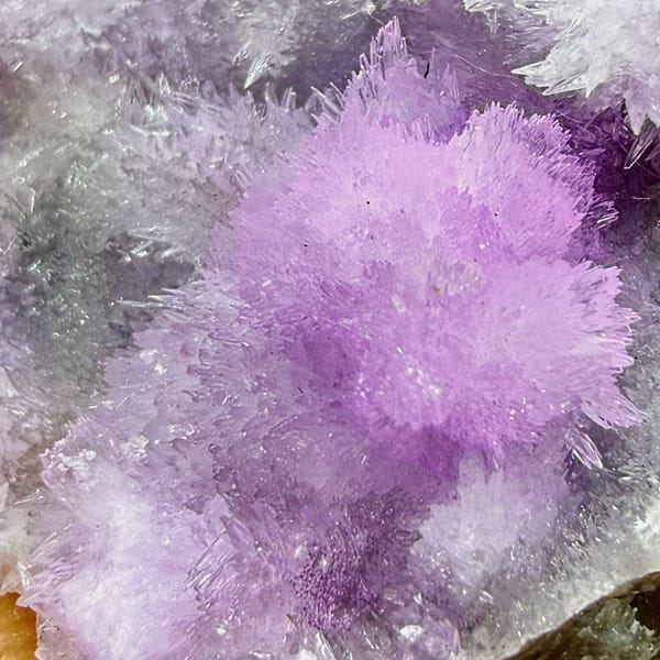 Sparkling magenta aragonite on dark wedge from Yunnan, China, reverse side