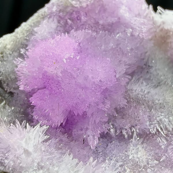 Sparkling magenta aragonite on dark wedge from Yunnan, China, top view
