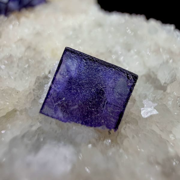 Two deep purple fluorite cubes on white quartz plate from Inner Mongolia, China, second angle