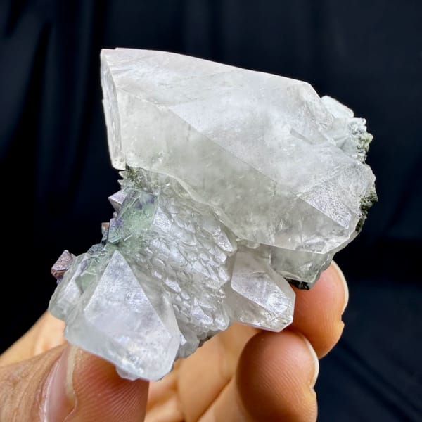 Large double-terminated calcite with green fluorite octahedra from Fujian, China, second angle