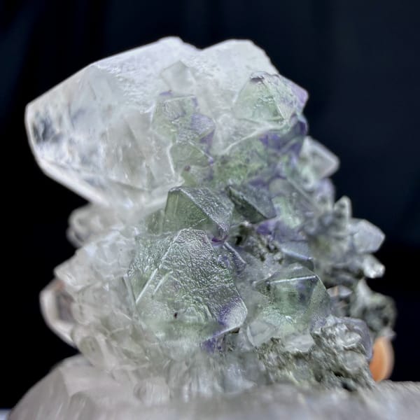 Large double-terminated calcite with green fluorite octahedra from Fujian, China, reverse side