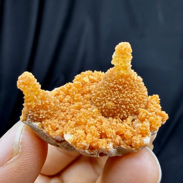 Orange stalactitic calcite crown with sugary skin from Yunnan, China, held in hand
