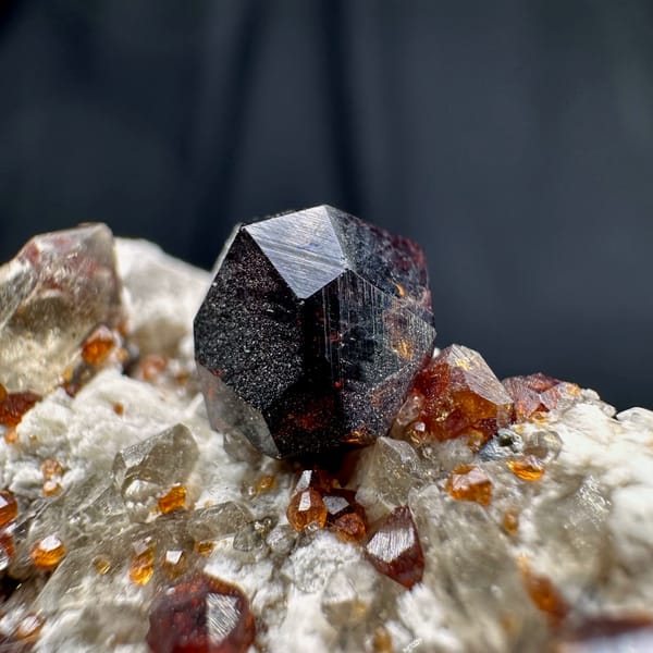 Wine-red garnets crowding cream feldspar with smoky quartz from Yunxiao, Fujian, China, close-up of the crystal faces