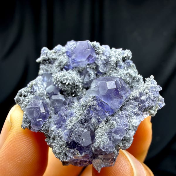 Violet-blue fluorite cubes on grey quartz druse from Fujian, China, second angle