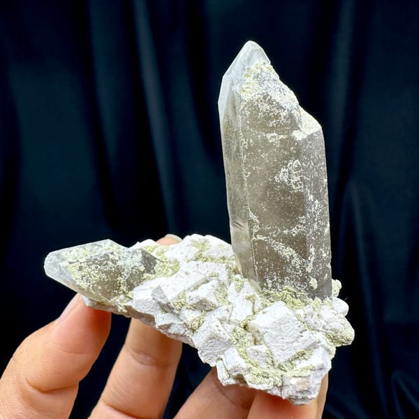 Smoky quartz prism piercing cream feldspar block from Fujian, China, second angle