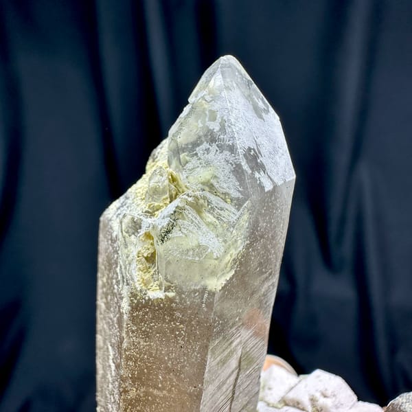 Smoky quartz prism piercing cream feldspar block from Fujian, China, reverse side