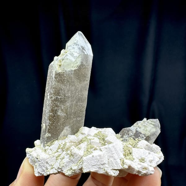 Smoky quartz prism piercing cream feldspar block from Fujian, China, top view