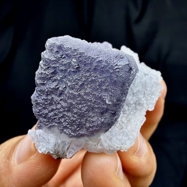Frosted purple fluorite cube on sparkling white quartz from Fujian, China, second angle