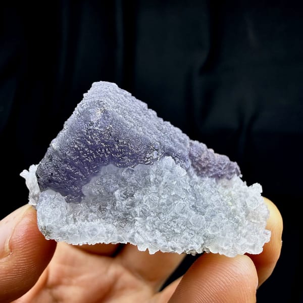 Frosted purple fluorite cube on sparkling white quartz from Fujian, China, reverse side