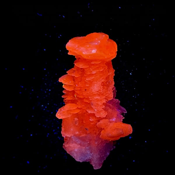 Layered calcite floater fluorescing red-orange under UV, from Fujian, China