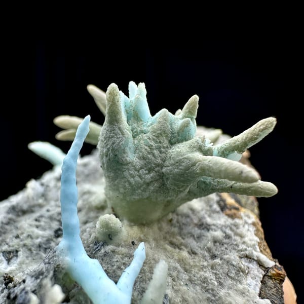 Blue-green stalactitic aragonite fingers on grey rock from Yunnan, China, close-up of the crystal faces