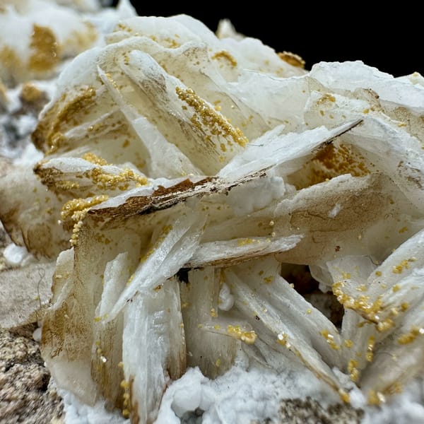 Tan baryte blades on white aragonite with vanadinite from Morocco, close-up of the crystal faces